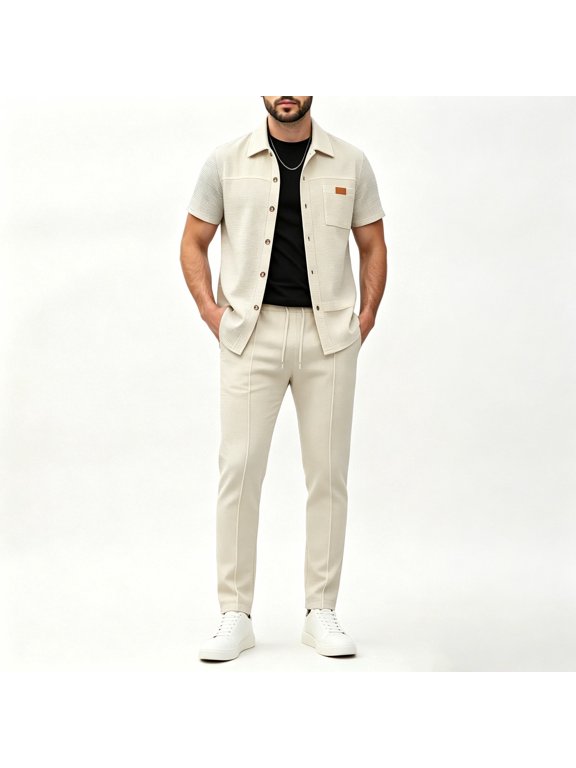 Men's 2-Piece Casual Waffle Knit Outfit, Short Sleeve Button-Down Shirt & Drawstring Pants Set, Modern Smart-Casual Ensemble Khaki S