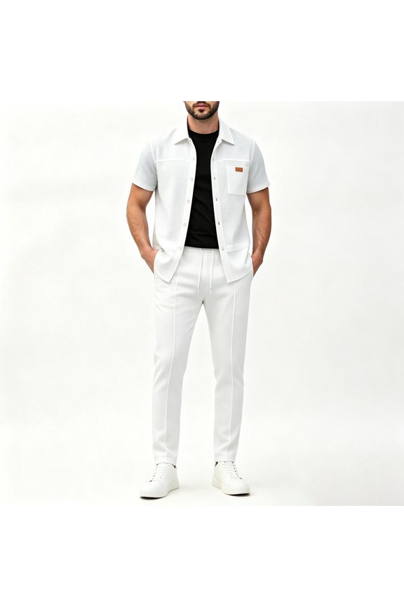 Men's 2-Piece Casual Waffle Knit Outfit, Short Sleeve Button-Down Shirt & Drawstring Pants Set, Modern Smart-Casual Ensemble White S