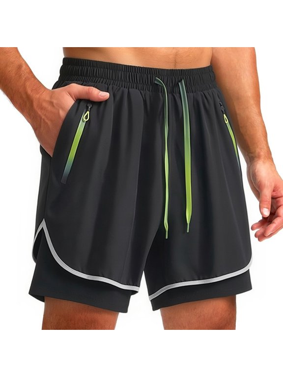 Men’s 2-in-1 Compression Liner Running Shorts, Breathable Quick Dry Athletic Workout Shorts with Zipper Pockets Black M