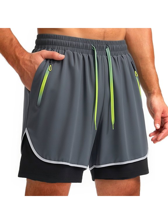 Men’s 2-in-1 Compression Liner Running Shorts, Breathable Quick Dry Athletic Workout Shorts with Zipper Pockets Grey M