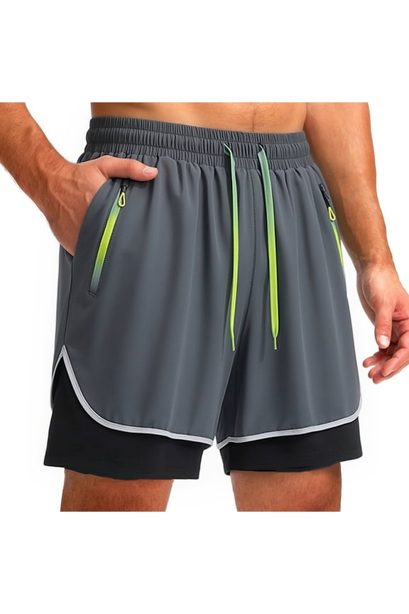 Men’s 2-in-1 Compression Liner Running Shorts, Breathable Quick Dry Athletic Workout Shorts with Zipper Pockets Grey S