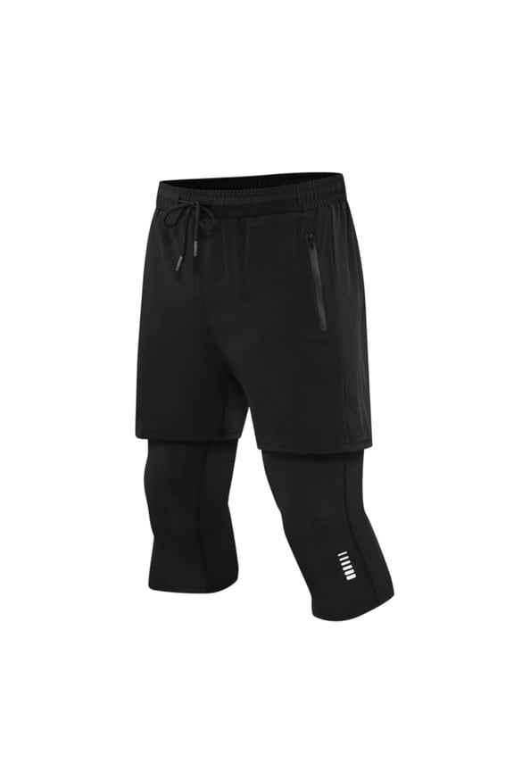 Men’s 2-in-1 Layered Training Pants, 7/8 Length Compression Tights with Shorts for Gym, Running & Casual Wear Black XXL