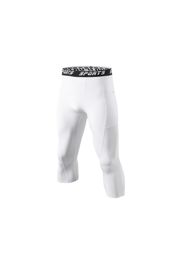 Men’s 3/4 Compression Workout Pants, Moisture-Wicking Capri Tights for Gym, Basketball & Running White M