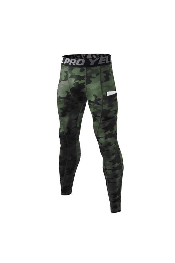 Men’s Camo Compression Pants, Pro Elastic Waist Workout Leggings with Pocket for Gym, Running & Training Army Green S