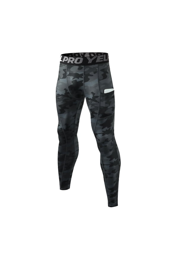 Men’s Camo Compression Pants, Pro Elastic Waist Workout Leggings with Pocket for Gym, Running & Training Black S