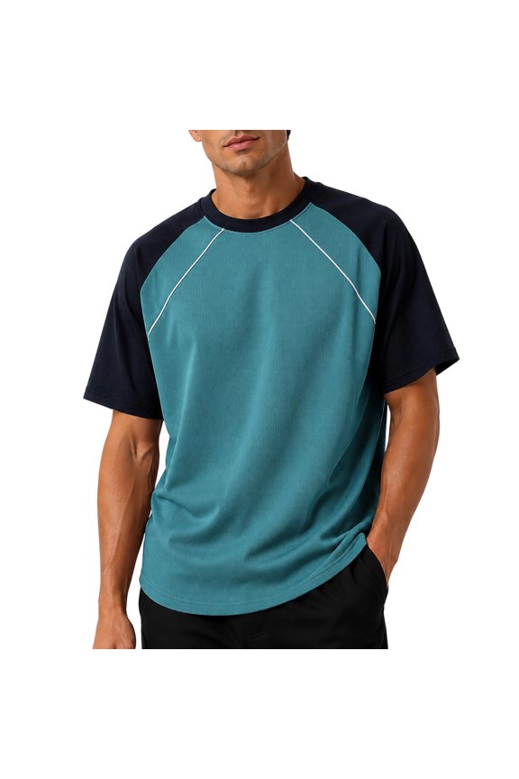 Men’s Color Block Raglan Short Sleeve T-Shirt, Breathable Crewneck Pullover, Casual Summer Top for Daily & Outdoor Wear Green XXL
