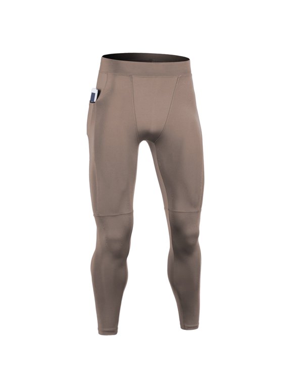 Men’s Compression Running Pants, Stretch Fitness Leggings with Side Pocket for Gym, Basketball & Training Khaki L
