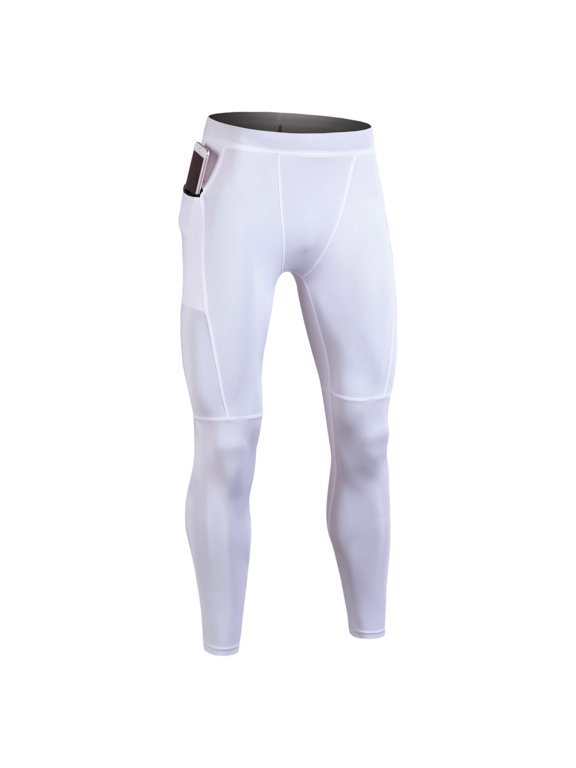 Men’s Compression Running Pants, Stretch Fitness Leggings with Side Pocket for Gym, Basketball & Training White S