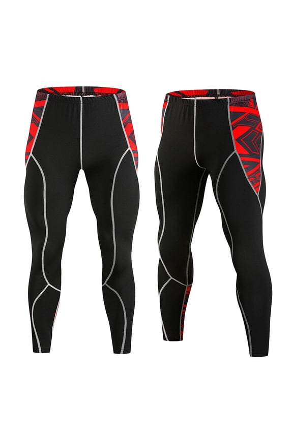 Men’s Compression Running Tights, Quick Dry Athletic Pants with Geometric Print for Gym, Cycling & Outdoor Sports Red XXL