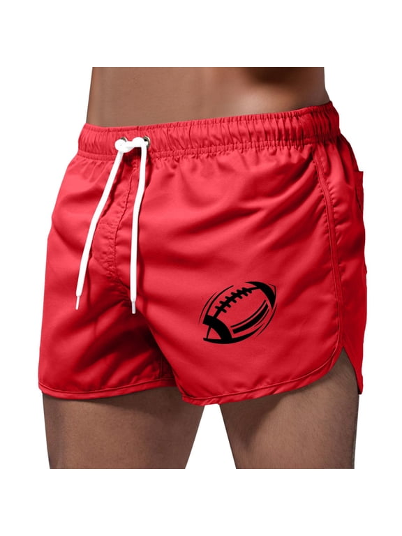 Men’s Football Print Swim Trunks, Quick Dry 3 Inch Board Shorts with Drawstring for Beach, Surf & Casual Summer Wear Red M
