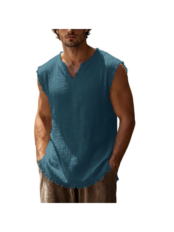 Men’s Frayed Edge V-Neck Tank Top, Breathable Crinkle Sleeveless Shirt, Casual Loose-Fit Solid Color Top Blue S