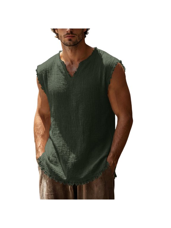 Men’s Frayed Edge V-Neck Tank Top, Breathable Crinkle Sleeveless Shirt, Casual Loose-Fit Solid Color Top Dark Green S