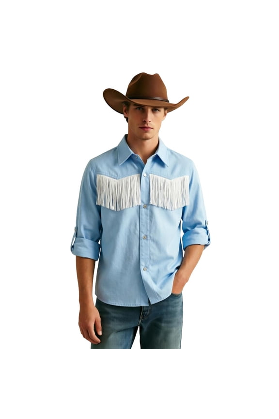 Men's Fringe Western Snap Button Shirt, Long Sleeve Cowboy Cowgirl Casual Blouse for Rodeo & Festivals Light Blue M