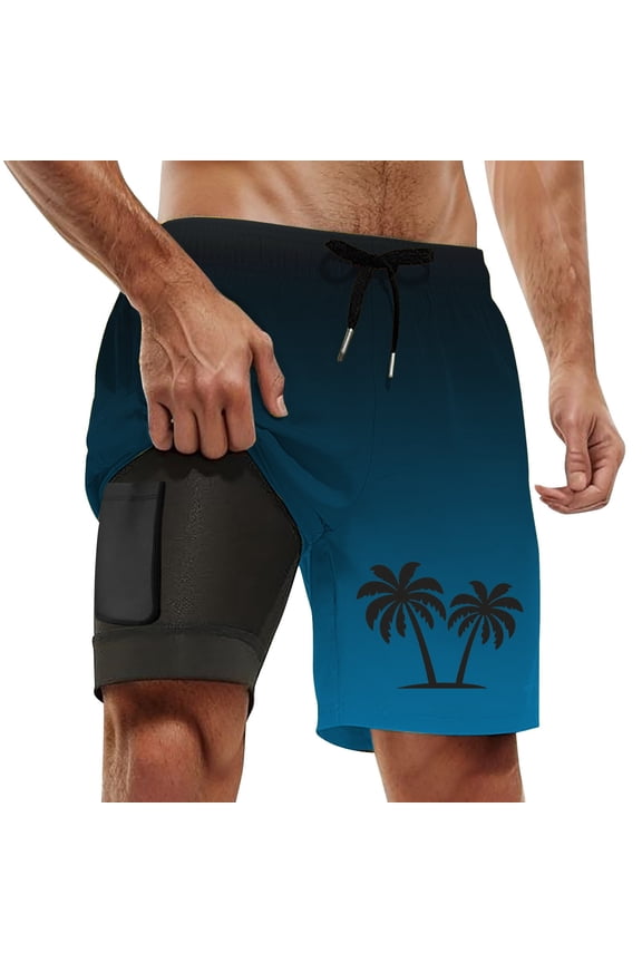 Men’s Gradient Palm Tree Swim Trunks, Compression Lined Board Shorts with Pocket, Quick Dry for Beach & Water Sports Blue XXXL