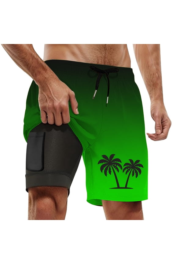 Men’s Gradient Palm Tree Swim Trunks, Compression Lined Board Shorts with Pocket, Quick Dry for Beach & Water Sports Green XXL