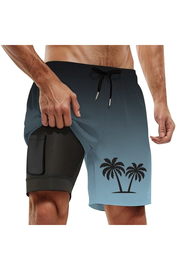 Men’s Gradient Palm Tree Swim Trunks, Compression Lined Board Shorts with Pocket, Quick Dry for Beach & Water Sports Light Blue L