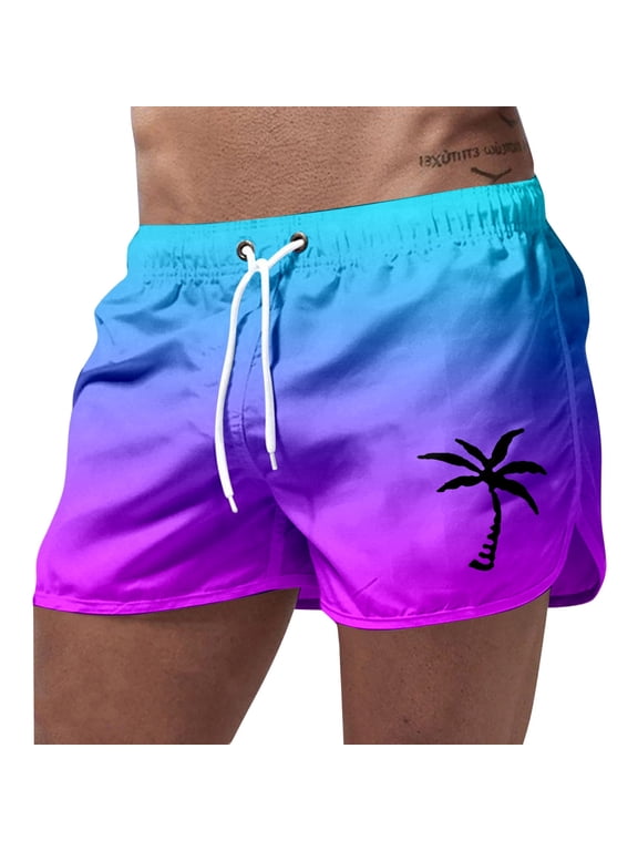 Men’s Gradient Palm Tree Swim Trunks, Quick Dry Mesh Lined Beach Shorts with Drawstring Waist & Pockets Purple XL
