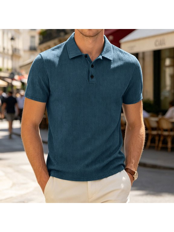 Men's Knit Textured Polo Shirt, Classic Fit Short Sleeve, Breathable Golf Polos for Men, Solid Color Casual Polos for Men Blue S