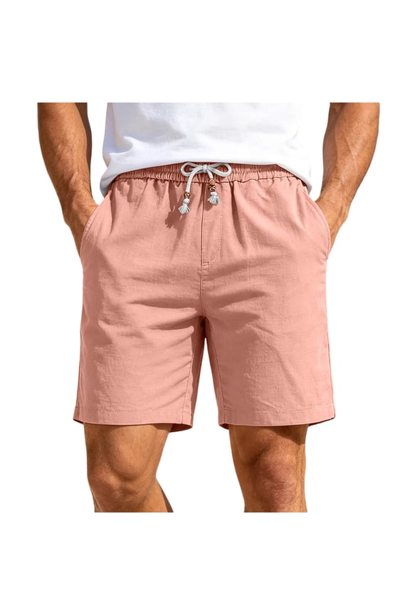 Men’s Linen-Look Casual Shorts, Lightweight Breathable Elastic Drawstring Summer Beach Shorts, Wrinkle Resistant Red XXL