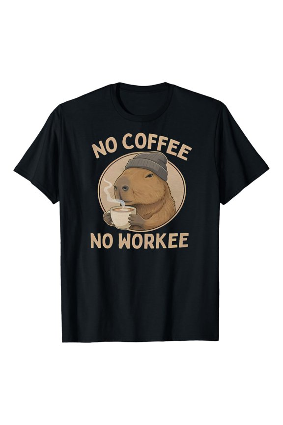Men's "No Coffee No Workee" Capybara T-Shirt, Funny Coffee Lover Short Sleeve Tee, Casual Crew Neck Graphic Top Black S