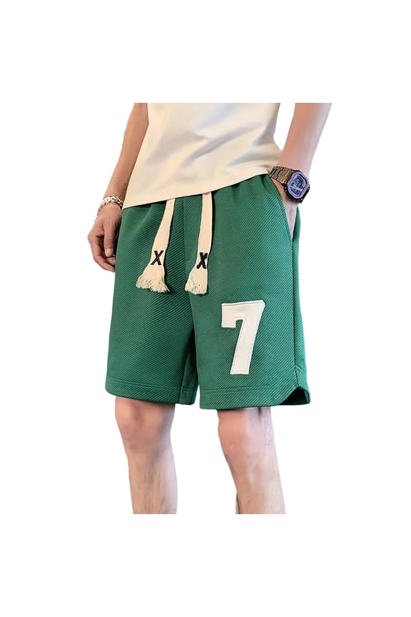Men’s Number 7 Embroidered Casual Shorts, Street Style Loose Fit Drawstring Summer Athletic Shorts with Pockets Green L