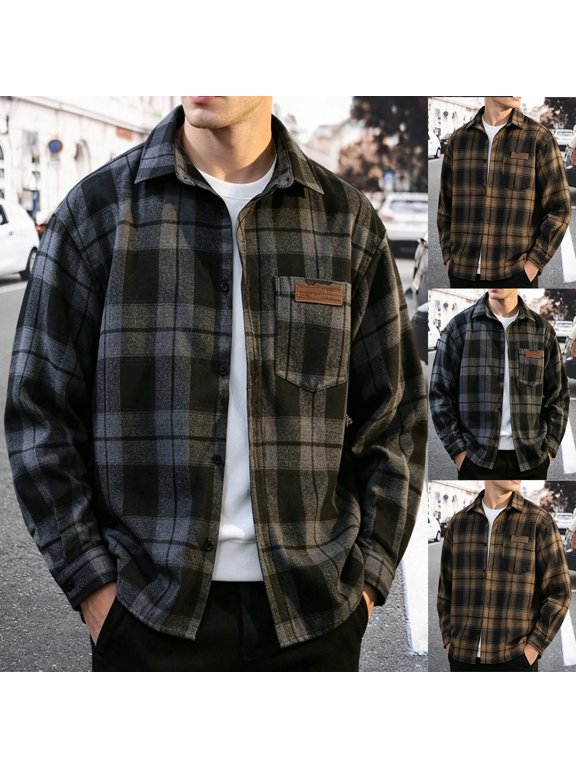 Men’s Oversized Plaid Shirt Jacket, Button Front Shacket with Chest Pocket, Soft Knit Casual Outerwear for All Seasons Daily Street Wear Coffee XXXL