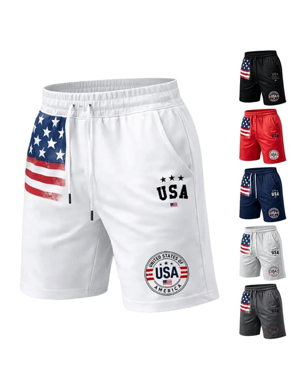 Men’s Patriotic USA Flag Print Shorts, Lightweight Breathable Athletic Gym Shorts with Side Pockets Black XL