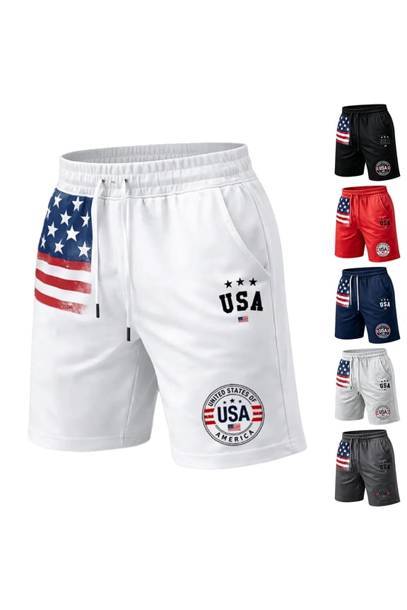 Men’s Patriotic USA Flag Print Shorts, Lightweight Breathable Athletic Gym Shorts with Side Pockets Navy M