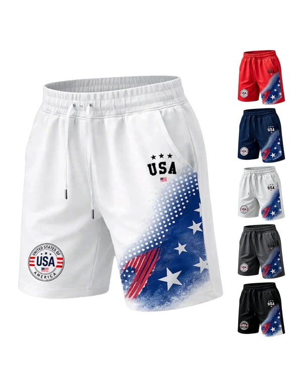 Men’s Patriotic USA Print Athletic Shorts, Lightweight Breathable Gym & Casual Shorts with Side Pockets Navy L