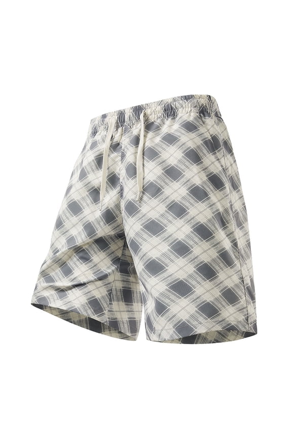 Men’s Plaid Print Casual Shorts, Lightweight Breathable Elastic Waist Summer Shorts with Pockets for Outdoor & Daily Wear White L