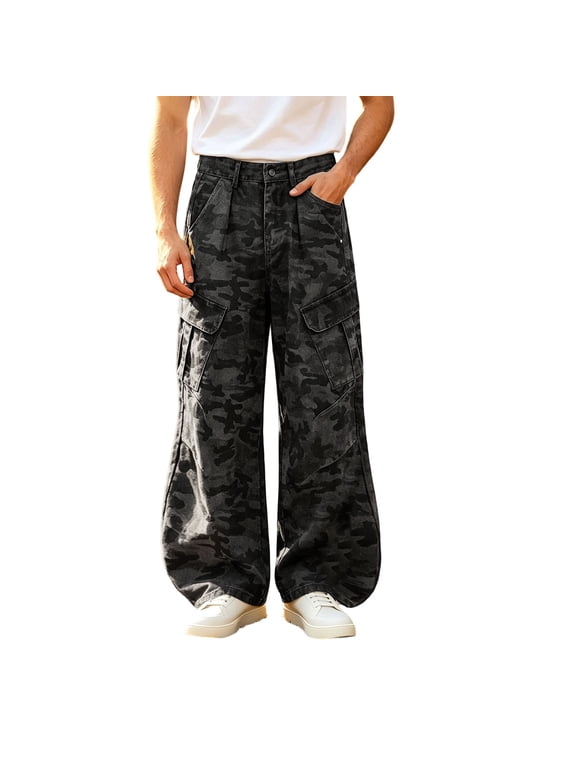 Men's Pocket Patchwork Cargo Jeans Straight Leg Casual Denim Pants Relaxed Fit Hop Streetwear Trousers S