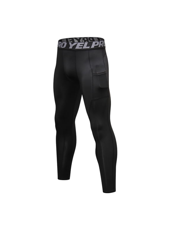 Men’s Pro Elastic Waist Compression Pants, Workout Leggings with Side Pocket for Gym, Running & Training Black L
