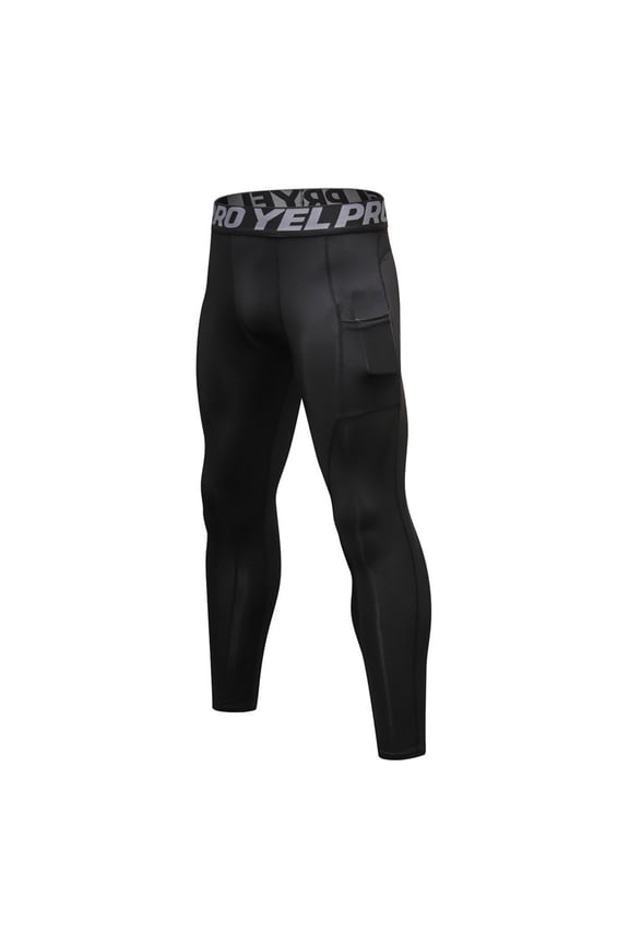 Men’s Pro Elastic Waist Compression Pants, Workout Leggings with Side Pocket for Gym, Running & Training Black M