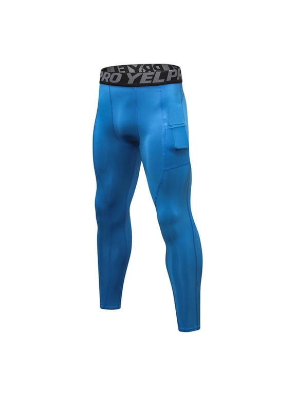 Men’s Pro Elastic Waist Compression Pants, Workout Leggings with Side Pocket for Gym, Running & Training Blue M