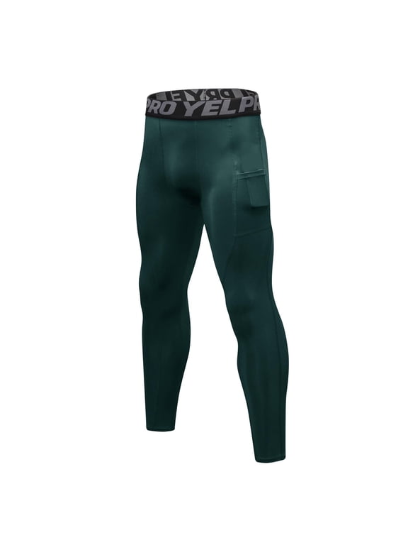 Men’s Pro Elastic Waist Compression Pants, Workout Leggings with Side Pocket for Gym, Running & Training Dark Green M