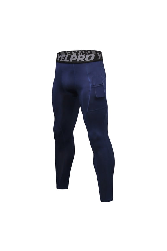 Men’s Pro Elastic Waist Compression Pants, Workout Leggings with Side Pocket for Gym, Running & Training Navy M