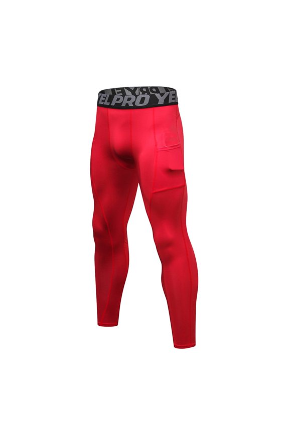 Men’s Pro Elastic Waist Compression Pants, Workout Leggings with Side Pocket for Gym, Running & Training Red L