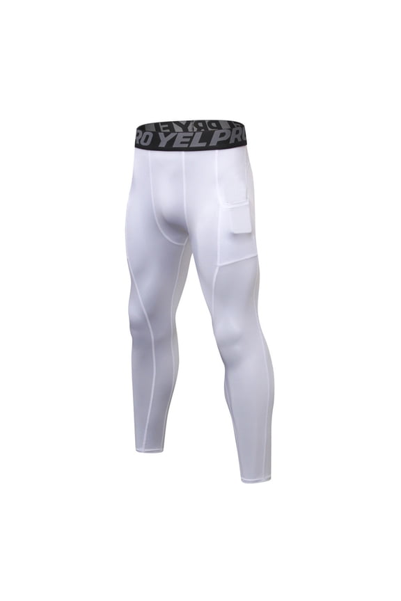 Men’s Pro Elastic Waist Compression Pants, Workout Leggings with Side Pocket for Gym, Running & Training White M
