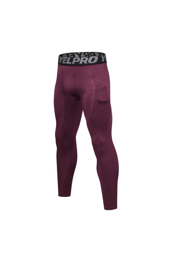 Men’s Pro Elastic Waist Compression Pants, Workout Leggings with Side Pocket for Gym, Running & Training Wine S