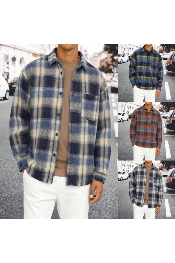 Men’s Relaxed Fit Plaid Long Sleeve Shacket, Button Front Collared Cardigan Shirt, Lightweight Casual Outerwear for Transitional Seasons Navy XXXXL