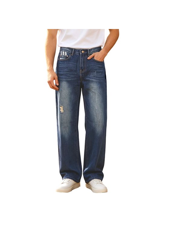 Men’s Straight Leg Jeans Casual Fashion Design Denim Pants For Everyday Wear Blue XXXL
