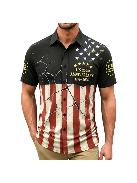 Men’s USA 250th Anniversary Flag Print Short Sleeve Button Down Shirt, Regular Fit Patriotic Summer Casual Beach Pocket Shirt Black M