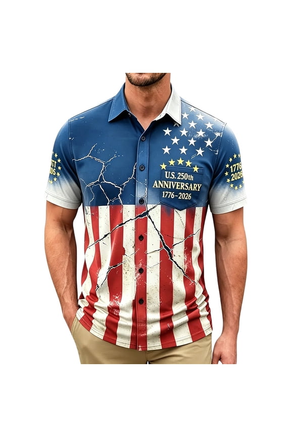 Men’s USA 250th Anniversary Flag Print Short Sleeve Button Down Shirt, Regular Fit Patriotic Summer Casual Beach Pocket Shirt Light Blue XXL