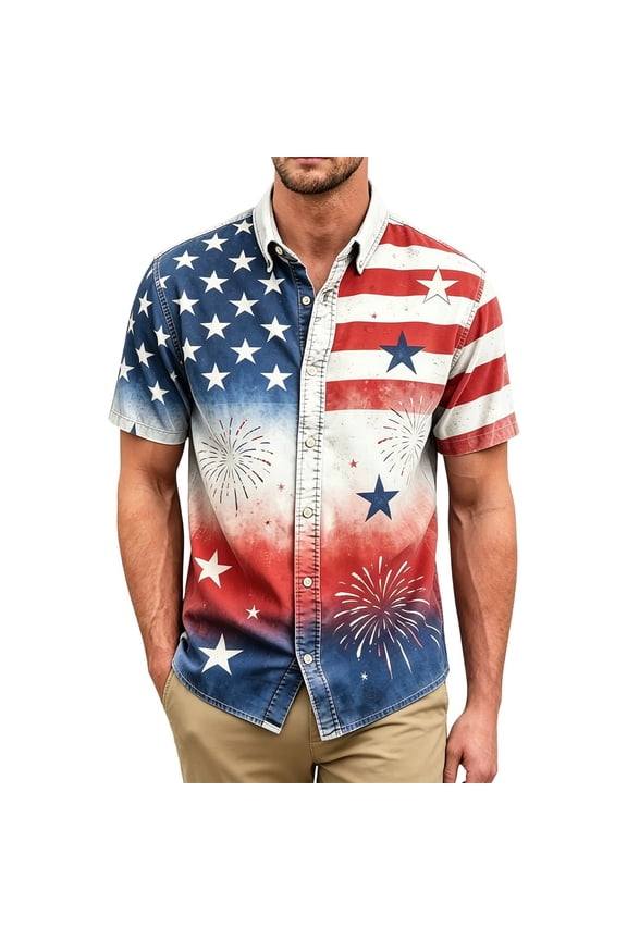 Men’s USA Gradient Flag Firework Print Short Sleeve Button Down Shirt, Regular Fit Patriotic Casual Summer Beach Pocket Shirt Blue M