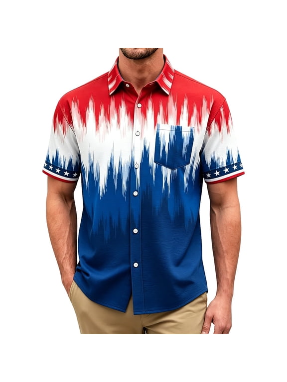 Men’s USA Red White Blue Gradient Star Cuff Short Sleeve Button Down Shirt, Regular Fit Patriotic Casual Summer Beach Pocket Shirt Blue L