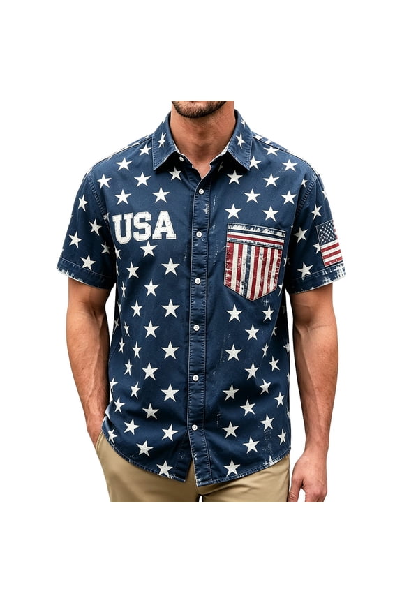Men’s USA Star Flag Print Short Sleeve Button Down Shirt, Regular Fit Patriotic Pocket Casual Summer Beach Shirt Blue XXL