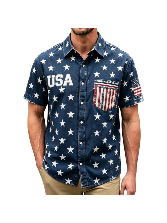 Men’s USA Star Flag Print Short Sleeve Button Down Shirt, Regular Fit Patriotic Pocket Casual Summer Beach Shirt Blue XXL