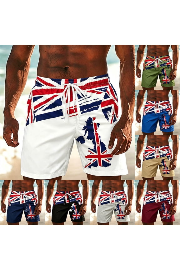 Men’s Union Jack Print Casual Shorts, Lightweight Quick-Dry British Flag Beach Shorts for Summer & UK Events Army Green L