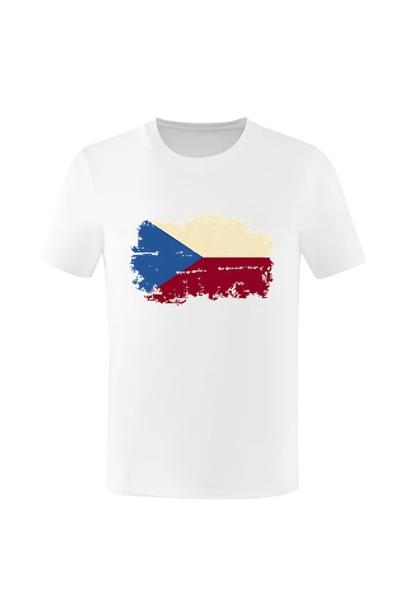 Men’s Vintage Czech Flag Graphic Crew Neck T-Shirt, Loose Fit Washed Casual Streetwear Short Sleeve Summer Tee White M