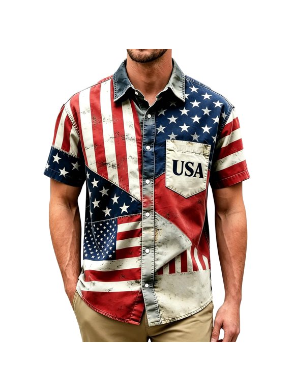 Men’s Vintage Distressed USA Flag Patchwork Short Sleeve Button Down Shirt, Regular Fit Patriotic Pocket Casual Summer Beach Shirt Blue L